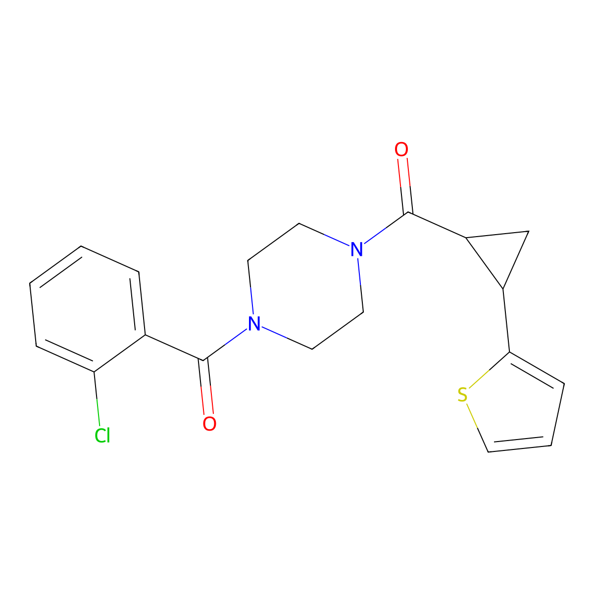 (4-(2-Chlorobenzoyl)piperazin-1-yl)(2-(thiophen-2-yl)cyclopropyl)methanone molecular structure, CAS 1208430-58-3