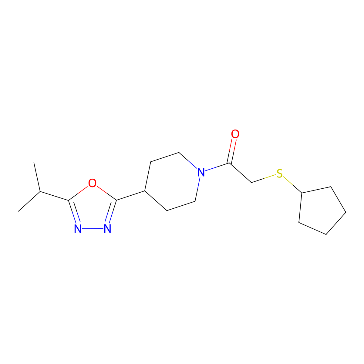 2-(Cyclopentylthio)-1-(4-(5-isopropyl-1,3,4-oxadiazol-2-yl)piperidin-1-yl)ethanone molecular structure, CAS 1208432-93-2
