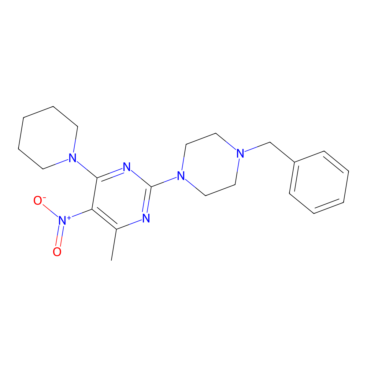 2-(4-Benzylpiperazin-1-yl)-4-methyl-5-nitro-6-(piperidin-1-yl)pyrimidine molecular structure, CAS 1208441-62-6