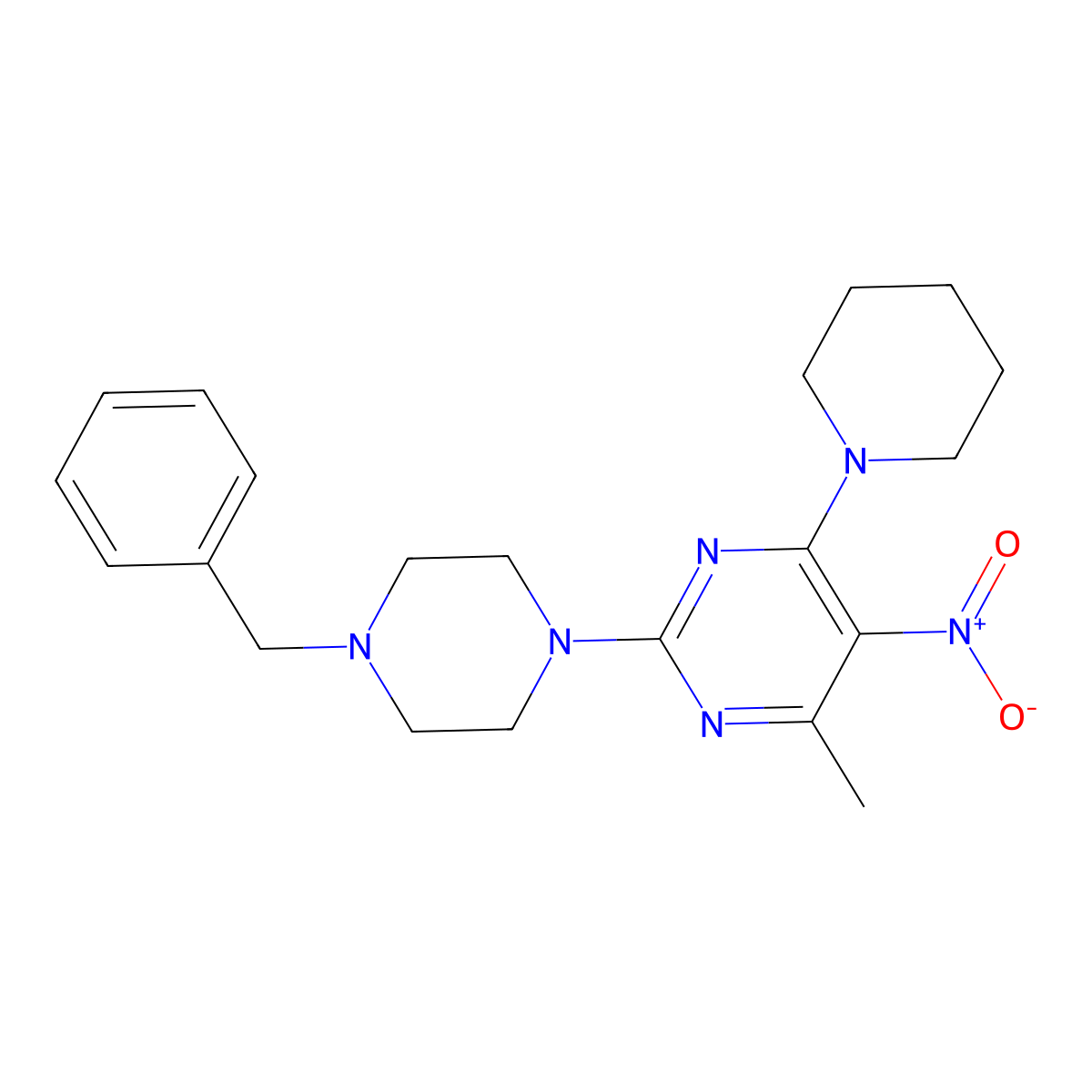 2-(4-Benzylpiperazin-1-yl)-4-methyl-5-nitro-6-(piperidin-1-yl)pyrimidine molecular structure, CAS 1208441-62-6
