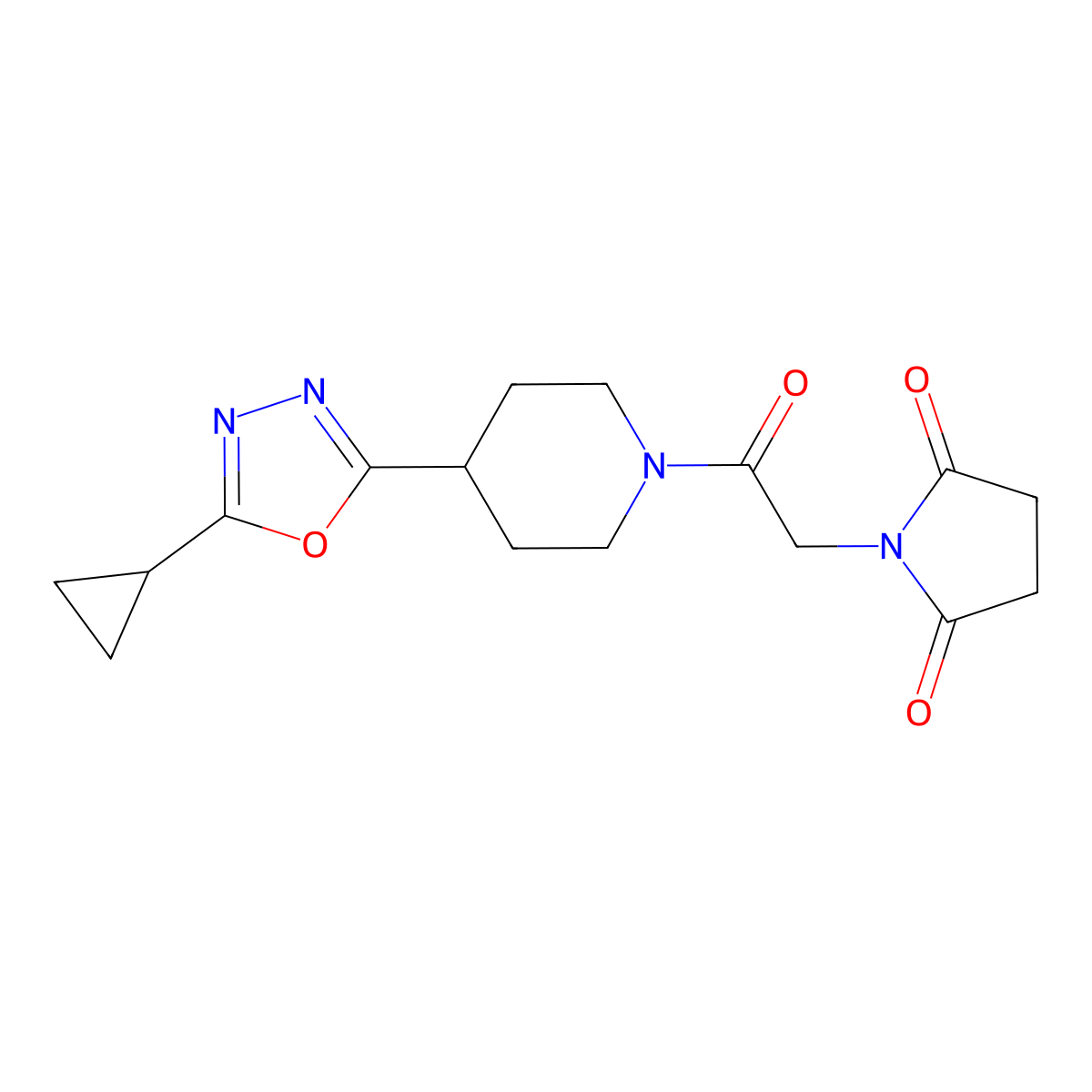 1-{2-[4-(5-Cyclopropyl-1,3,4-oxadiazol-2-yl)piperidin-1-yl]-2-oxoethyl}pyrrolidine-2,5-dione molecular structure, CAS 1208446-03-0