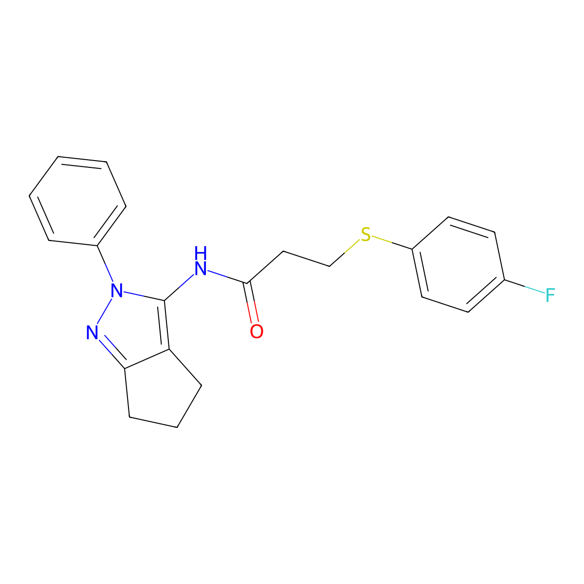 3-((4-fluorophenyl)thio)-N-(2-phenyl-2,4,5,6-tetrahydrocyclopenta[c]pyrazol-3-yl)propanamide molecular structure, CAS 1208449-26-6