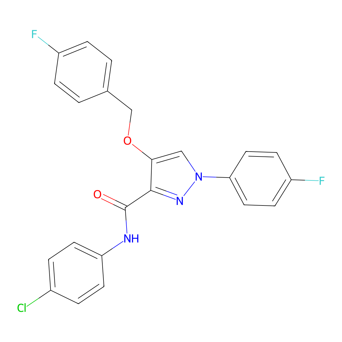 N-(4-chlorophenyl)-1-(4-fluorophenyl)-4-[(4-fluorophenyl)methoxy]-1H-pyrazole-3-carboxamide molecular structure, CAS 1208450-58-1