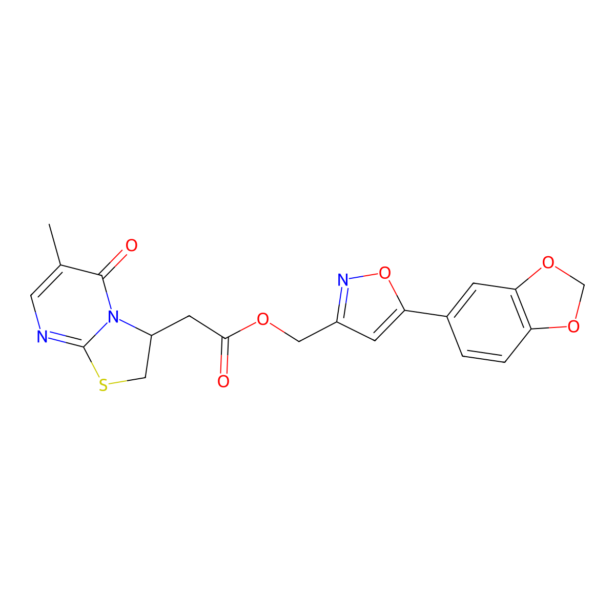 (5-(benzo[d][1,3]dioxol-5-yl)isoxazol-3-yl)methyl 2-(6-methyl-5-oxo-3,5-dihydro-2H-thiazolo[3,2-a]pyrimidin-3-yl)acetate molecular structure, CAS 1208455-25-7