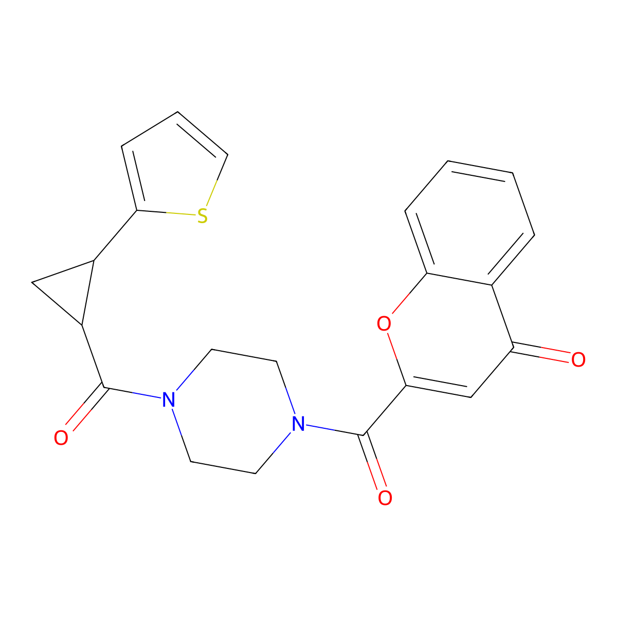 2-{4-[2-(thiophen-2-yl)cyclopropanecarbonyl]piperazine-1-carbonyl}-4H-chromen-4-one molecular structure, CAS 1208463-69-7