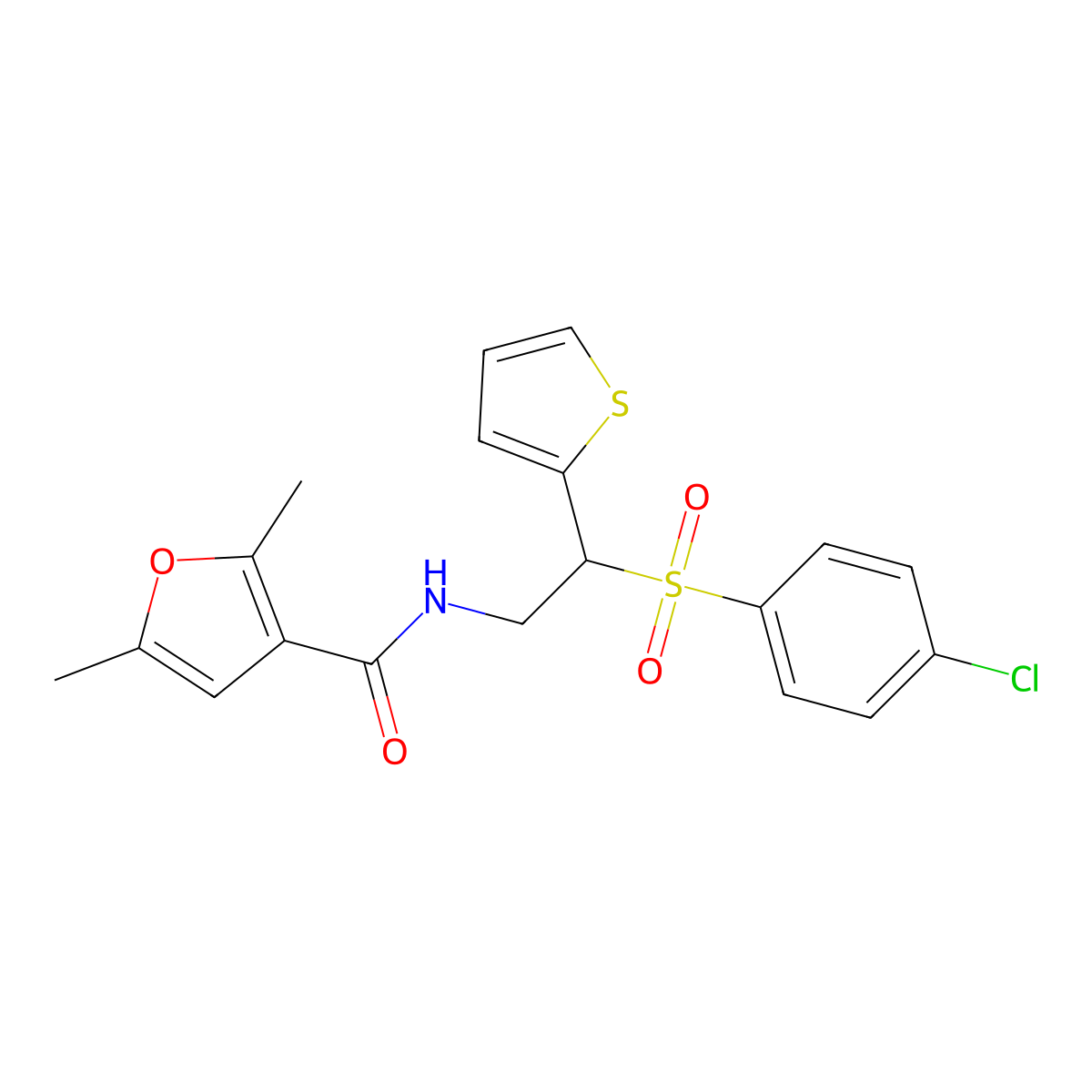N-(2-((4-chlorophenyl)sulfonyl)-2-(thiophen-2-yl)ethyl)-2,5-dimethylfuran-3-carboxamide molecular structure, CAS 1208468-67-0