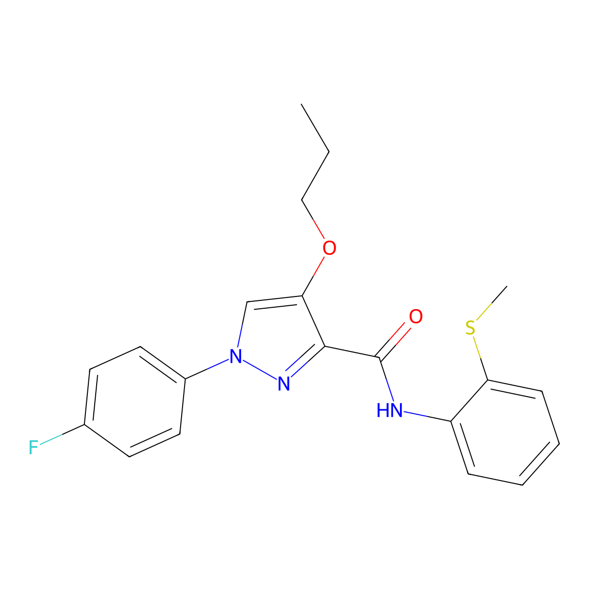 1-(4-fluorophenyl)-N-(2-(methylthio)phenyl)-4-propoxy-1H-pyrazole-3-carboxamide molecular structure, CAS 1208488-29-2