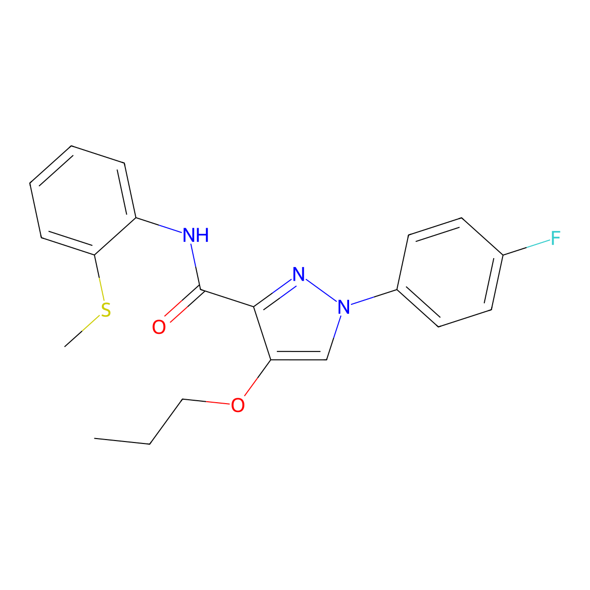 1-(4-fluorophenyl)-N-(2-(methylthio)phenyl)-4-propoxy-1H-pyrazole-3-carboxamide molecular structure, CAS 1208488-29-2