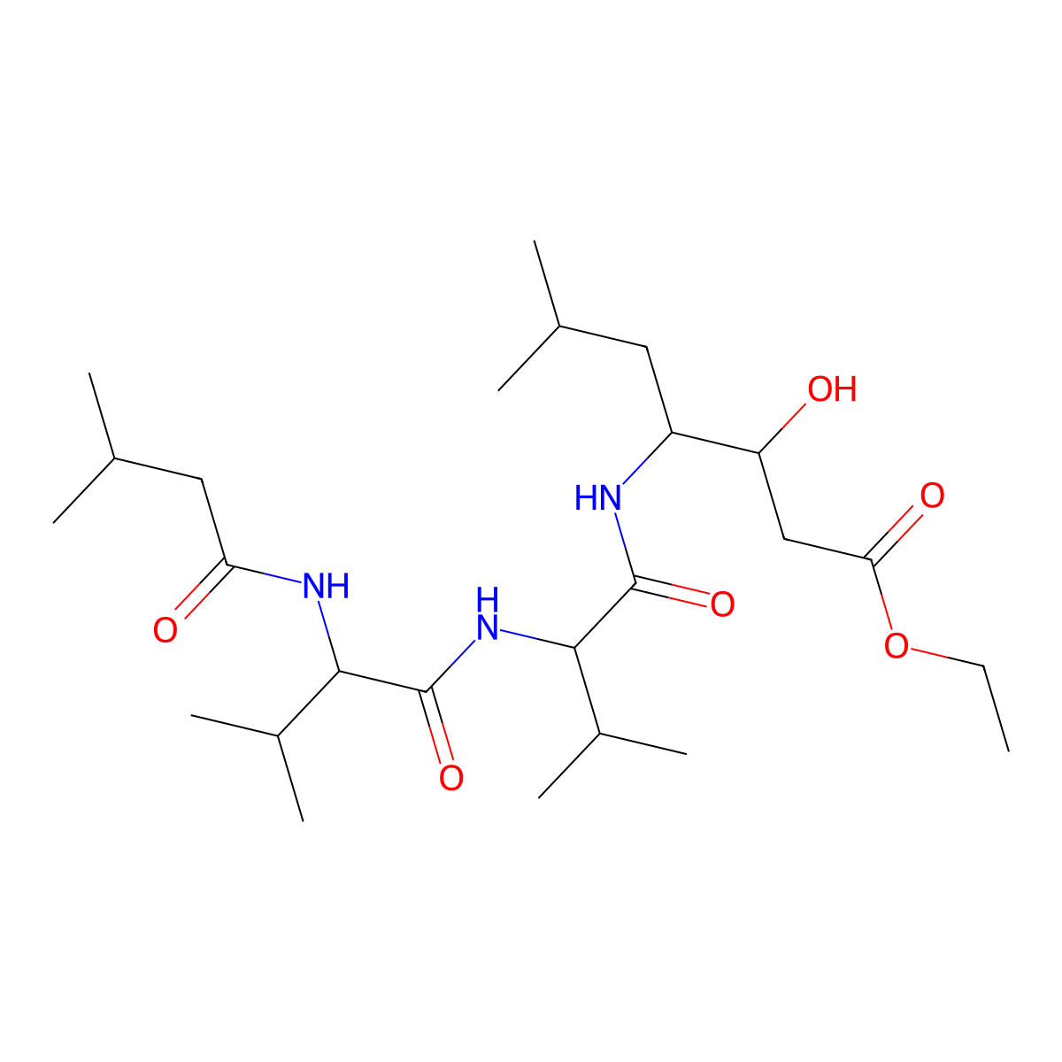 3-Hydroxy-6-methyl-4-(3-methyl-2-(3-methyl-2-(3-methyl-butyrylamino)-butyrylamino)-butyrylamino)-heptanoic acid ethyl ester molecular structure, CAS 120849-36-7