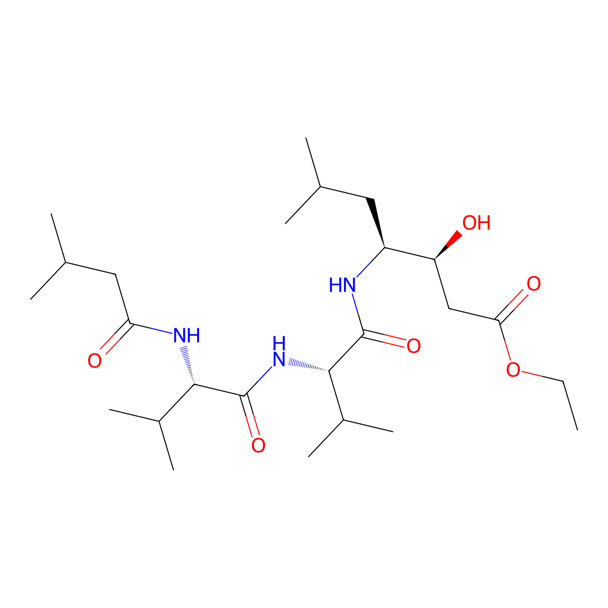 3-Hydroxy-6-methyl-4-(3-methyl-2-(3-methyl-2-(3-methyl-butyrylamino)-butyrylamino)-butyrylamino)-heptanoic acid ethyl ester molecular structure, CAS 120849-36-7
