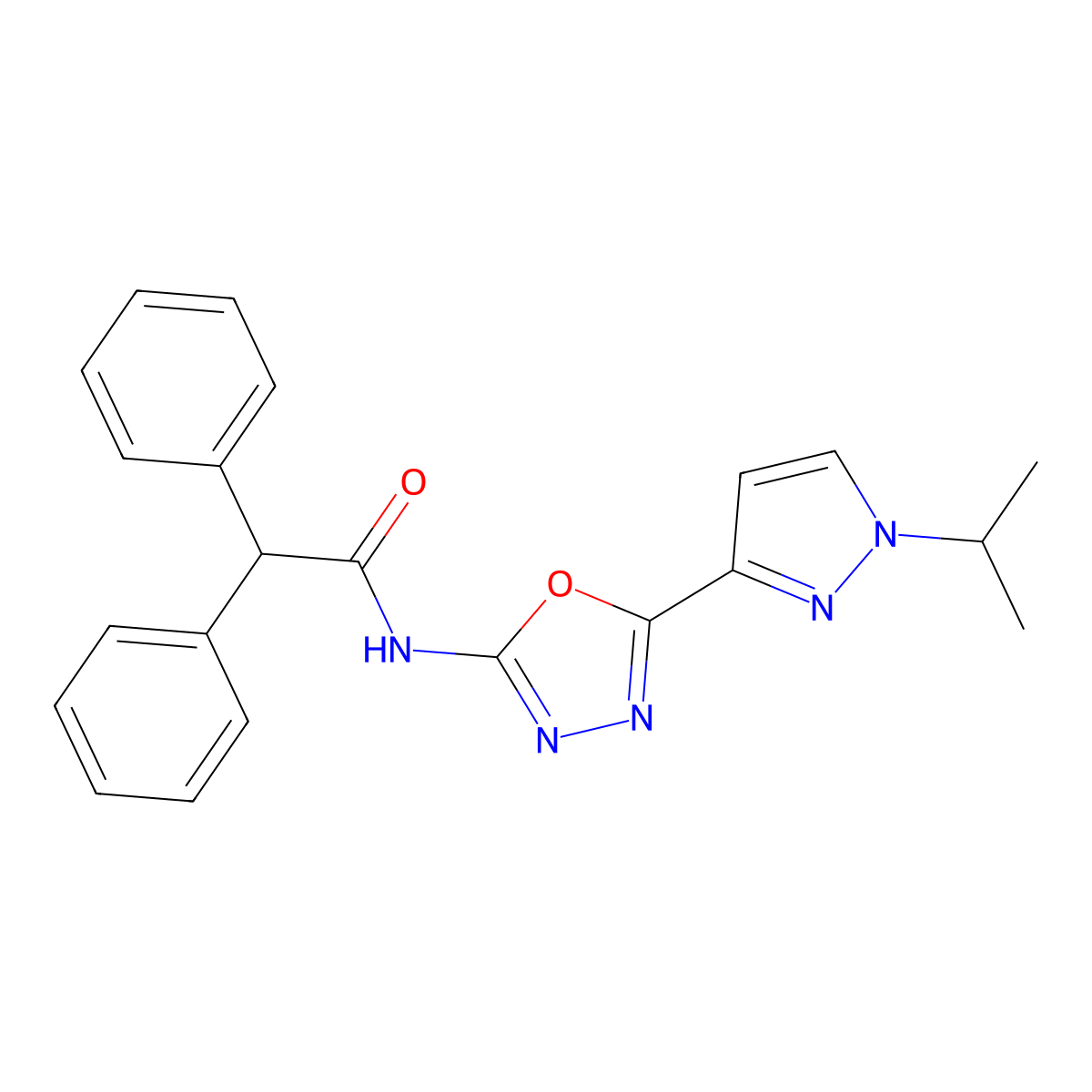 N-(5-(1-isopropyl-1H-pyrazol-3-yl)-1,3,4-oxadiazol-2-yl)-2,2-diphenylacetamide molecular structure, CAS 1208492-31-2