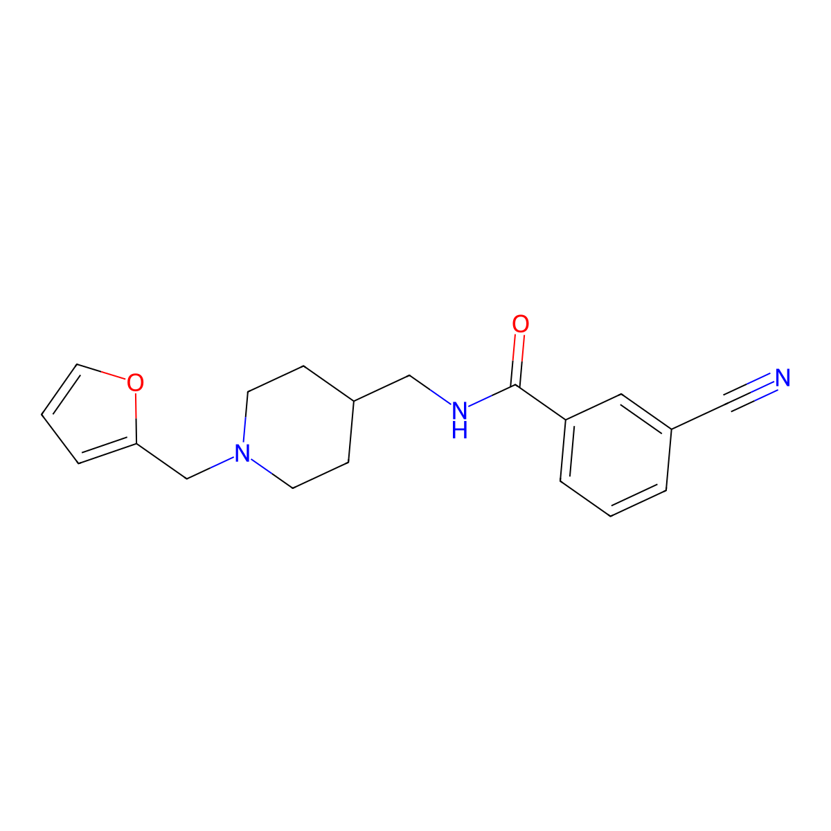 3-cyano-N-((1-(furan-2-ylmethyl)piperidin-4-yl)methyl)benzamide molecular structure, CAS 1208493-79-1