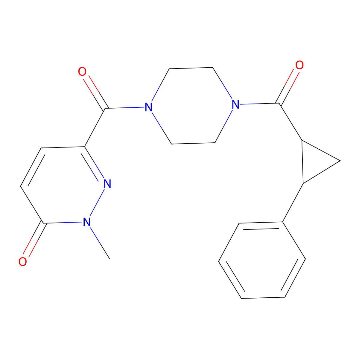 2-methyl-6-(4-(2-phenylcyclopropanecarbonyl)piperazine-1-carbonyl)pyridazin-3(2H)-one molecular structure, CAS 1208499-62-0