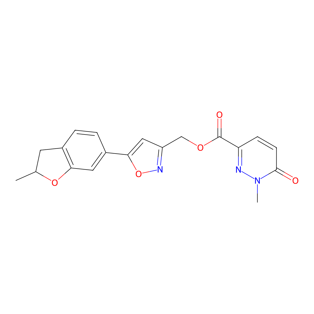 (5-(2-Methyl-2,3-dihydrobenzofuran-6-yl)isoxazol-3-yl)methyl 1-methyl-6-oxo-1,6-dihydropyridazine-3-carboxylate molecular structure, CAS 1208500-84-8