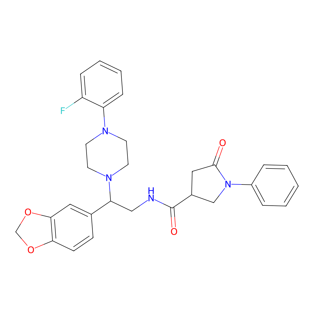 N-(2-(benzo[d][1,3]dioxol-5-yl)-2-(4-(2-fluorophenyl)piperazin-1-yl)ethyl)-5-oxo-1-phenylpyrrolidine-3-carboxamide molecular structure, CAS 1208507-76-9