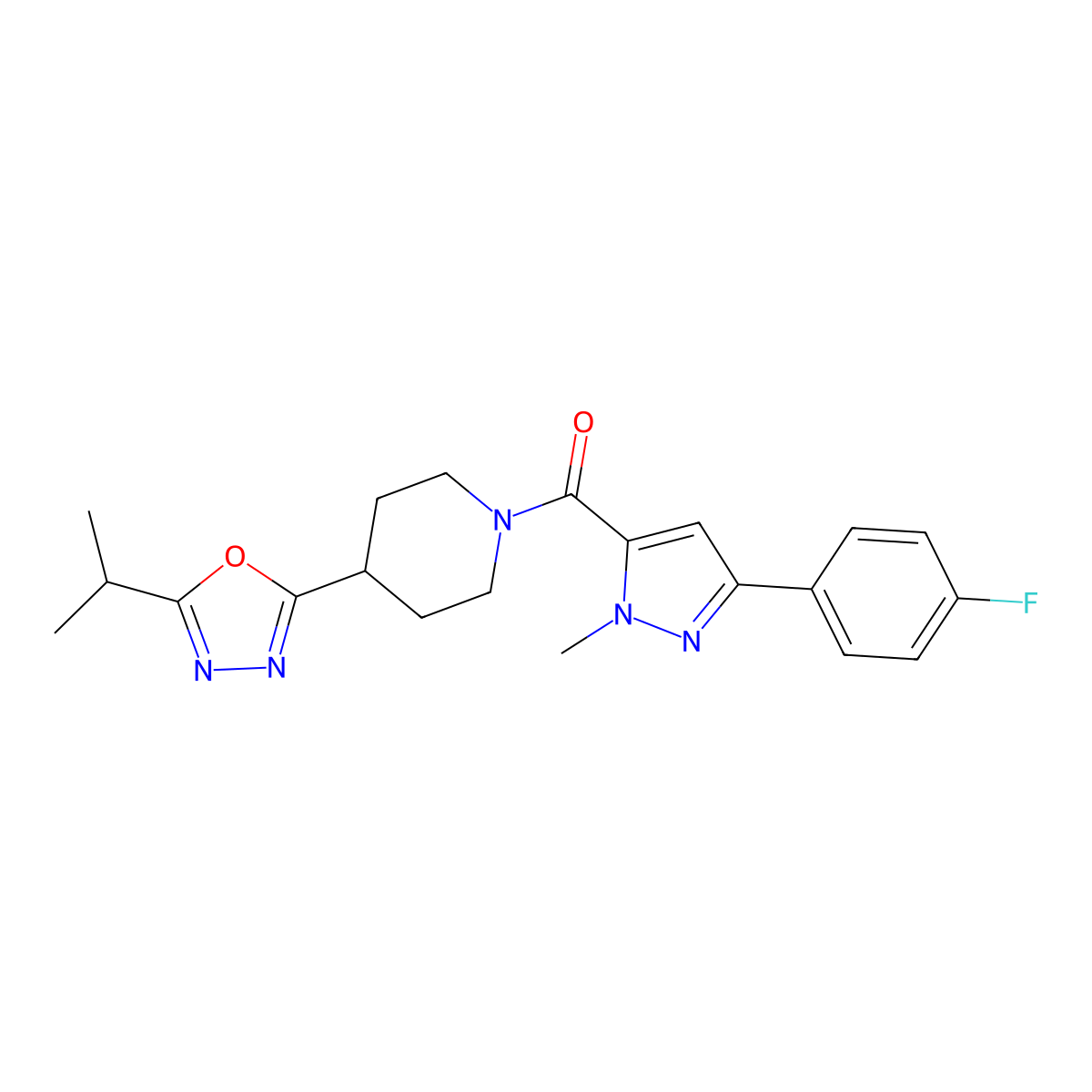 (3-(4-fluorophenyl)-1-methyl-1H-pyrazol-5-yl)(4-(5-isopropyl-1,3,4-oxadiazol-2-yl)piperidin-1-yl)methanone molecular structure, CAS 1208509-30-1