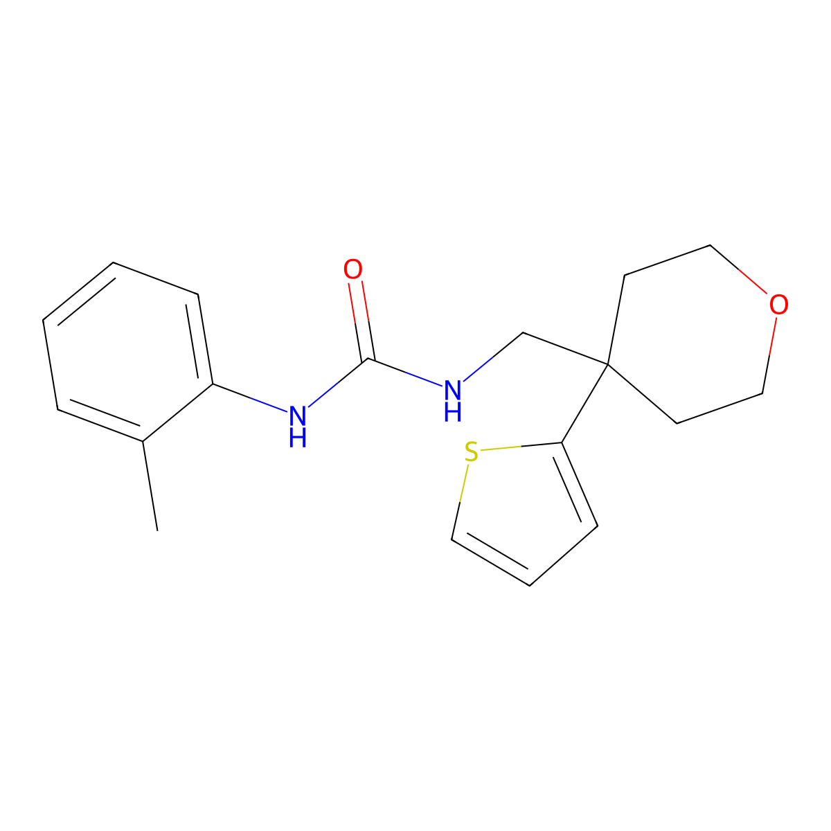 1-((4-(thiophen-2-yl)tetrahydro-2H-pyran-4-yl)methyl)-3-(o-tolyl)urea molecular structure, CAS 1208511-87-8