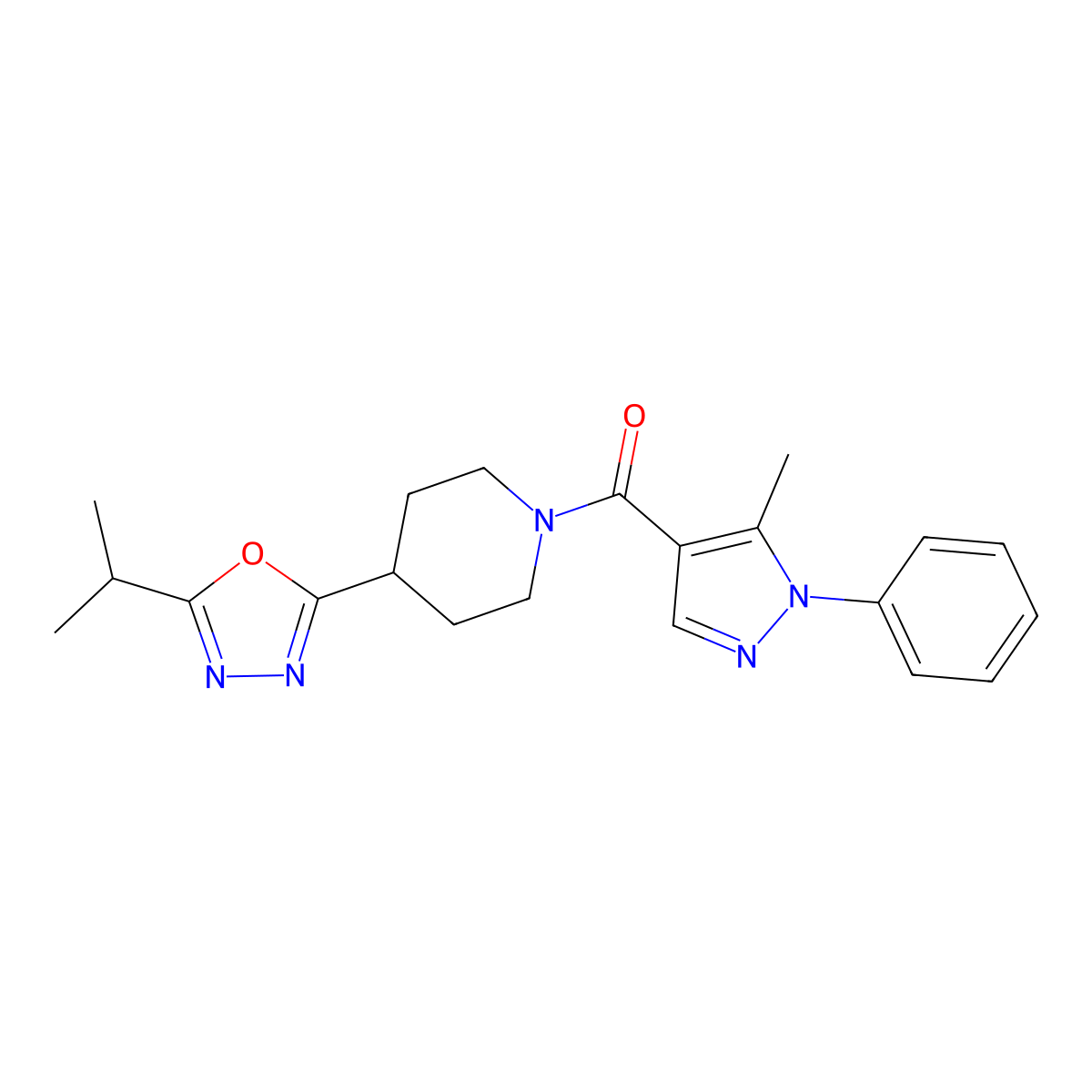 (4-(5-isopropyl-1,3,4-oxadiazol-2-yl)piperidin-1-yl)(5-methyl-1-phenyl-1H-pyrazol-4-yl)methanone molecular structure, CAS 1208518-44-8