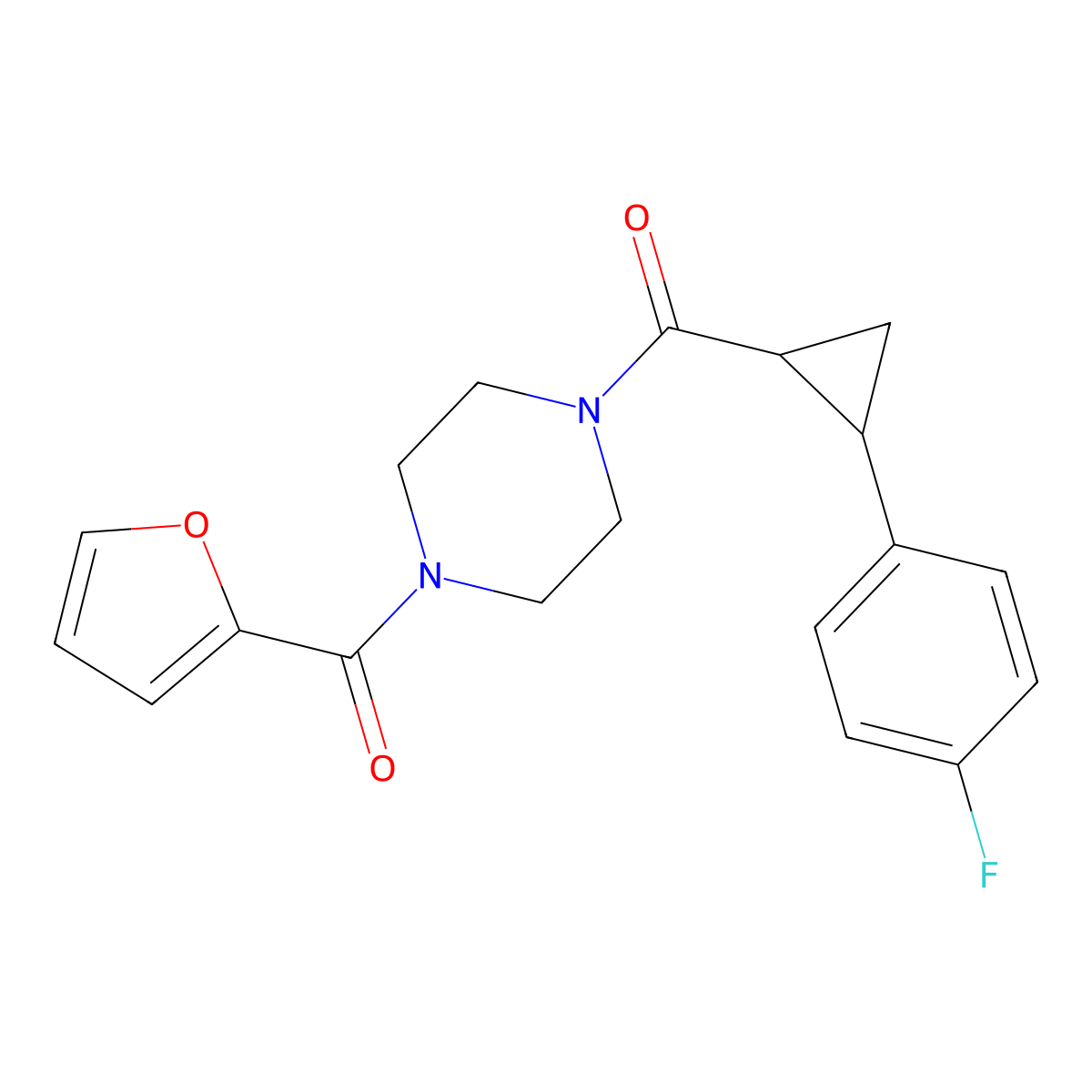 (4-(2-(4-Fluorophenyl)cyclopropanecarbonyl)piperazin-1-yl)(furan-2-yl)methanone molecular structure, CAS 1208518-98-2