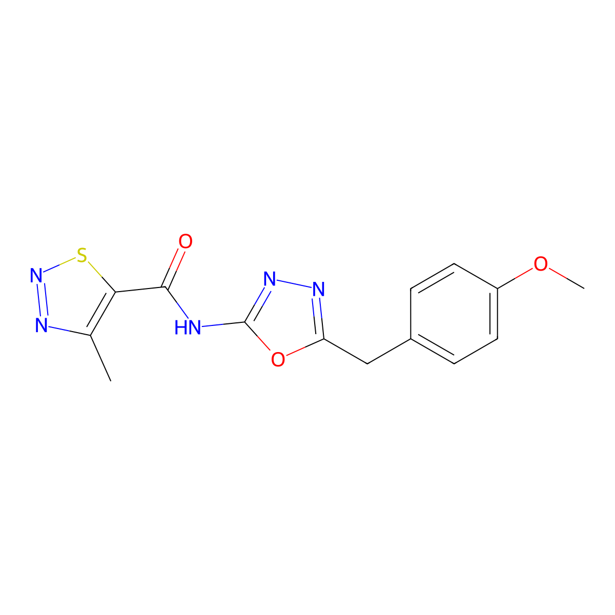 N-(5-(4-methoxybenzyl)-1,3,4-oxadiazol-2-yl)-4-methyl-1,2,3-thiadiazole-5-carboxamide molecular structure, CAS 1208525-13-6
