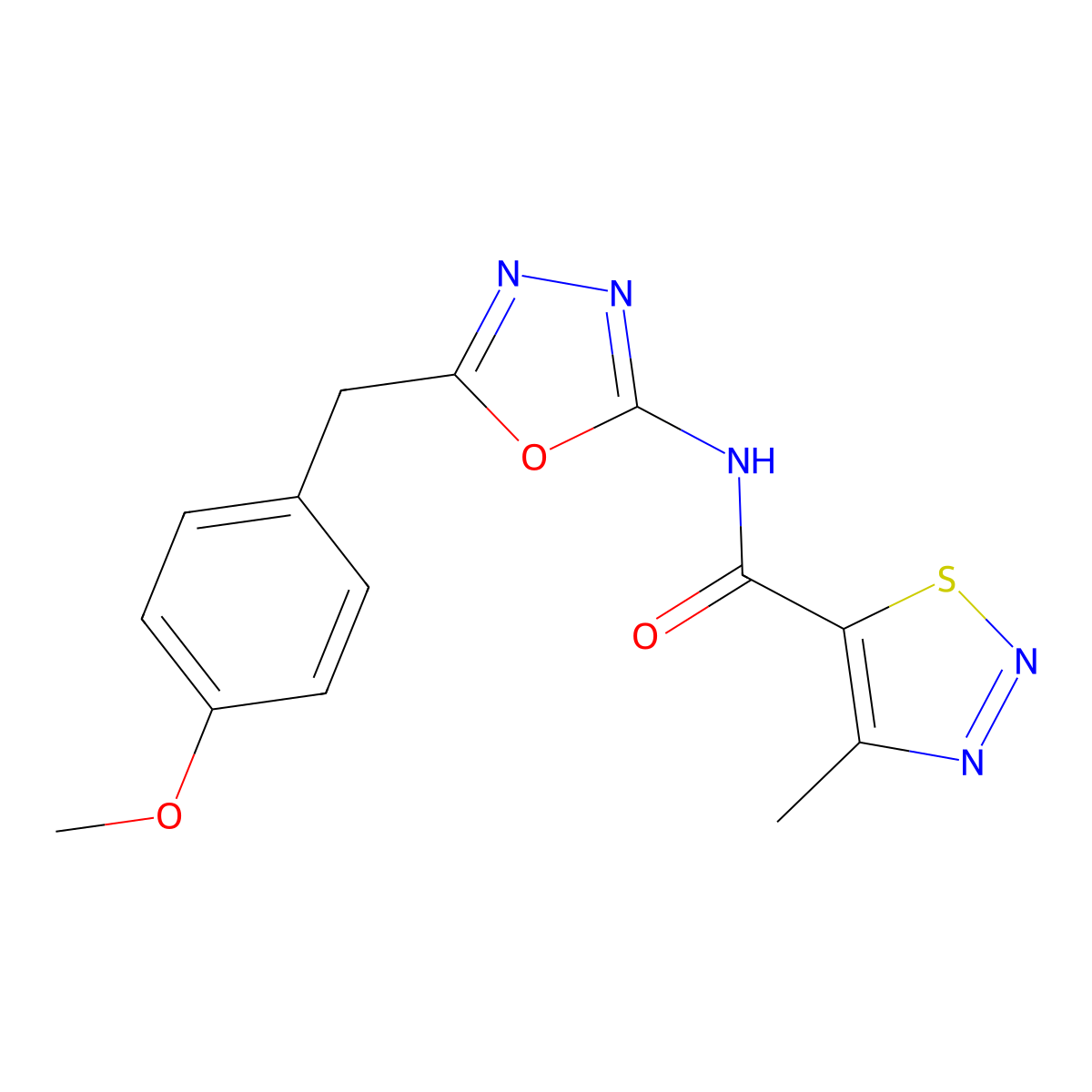 N-(5-(4-methoxybenzyl)-1,3,4-oxadiazol-2-yl)-4-methyl-1,2,3-thiadiazole-5-carboxamide molecular structure, CAS 1208525-13-6