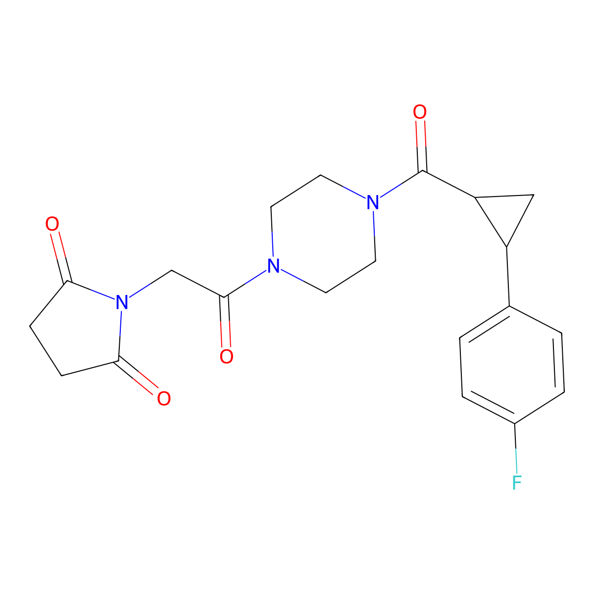 1-(2-(4-(2-(4-Fluorophenyl)cyclopropanecarbonyl)piperazin-1-yl)-2-oxoethyl)pyrrolidine-2,5-dione molecular structure, CAS 1208543-85-4