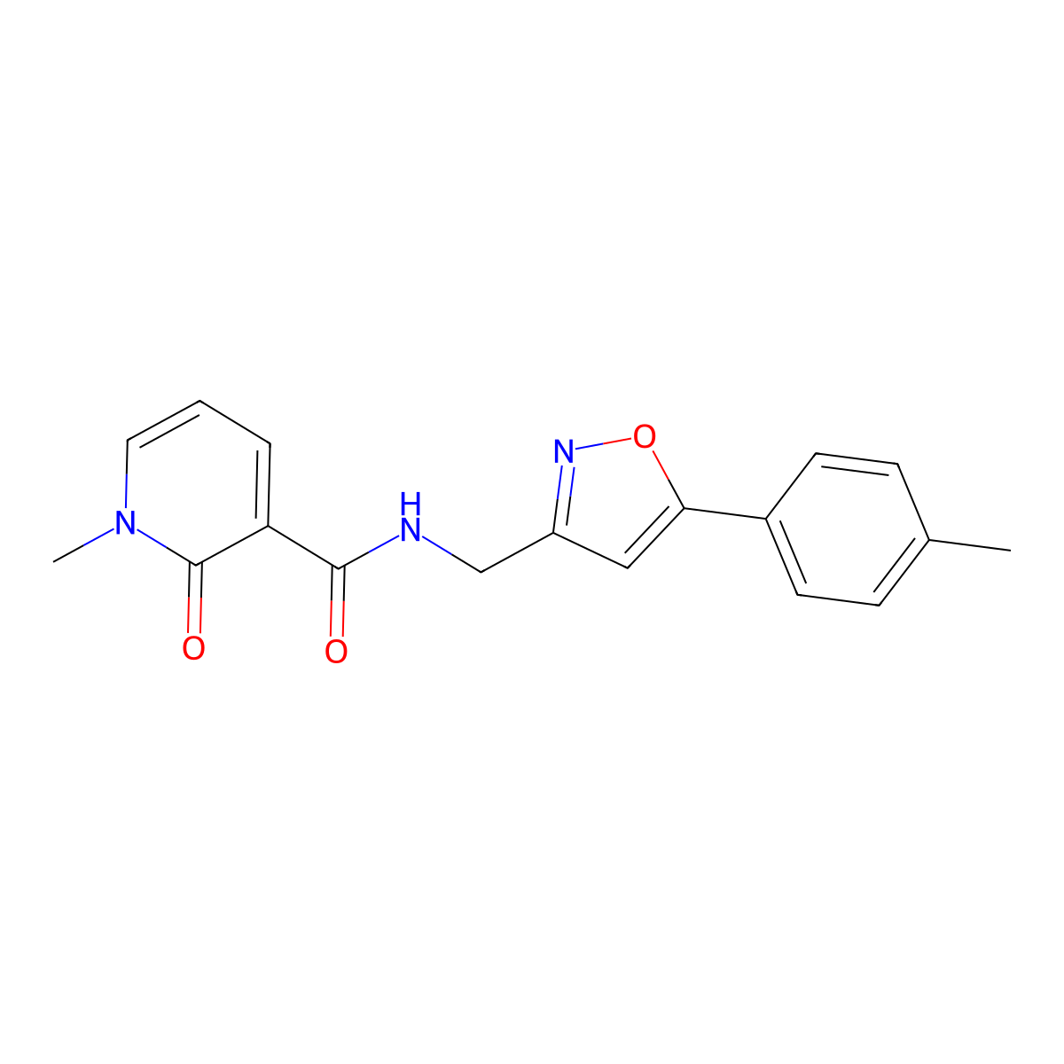 1-methyl-2-oxo-N-((5-(p-tolyl)isoxazol-3-yl)methyl)-1,2-dihydropyridine-3-carboxamide molecular structure, CAS 1208549-78-3