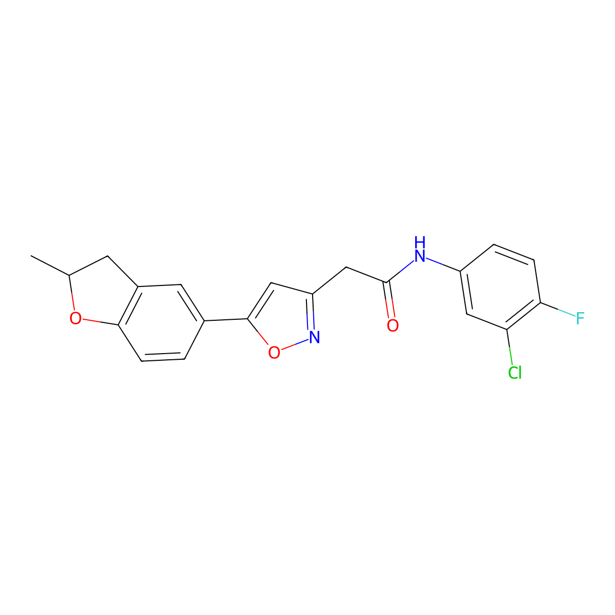 N-(3-chloro-4-fluorophenyl)-2-[5-(2-methyl-2,3-dihydro-1-benzofuran-5-yl)-1,2-oxazol-3-yl]acetamide molecular structure, CAS 1208616-84-5