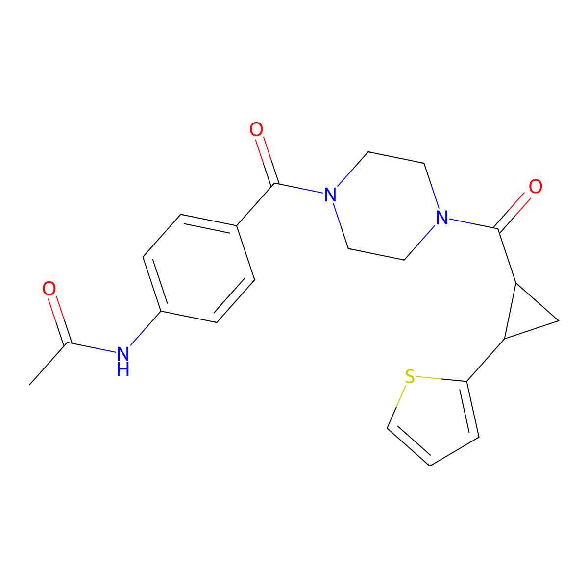 N-(4-{4-[2-(thiophen-2-yl)cyclopropanecarbonyl]piperazine-1-carbonyl}phenyl)acetamide molecular structure, CAS 1208619-58-2