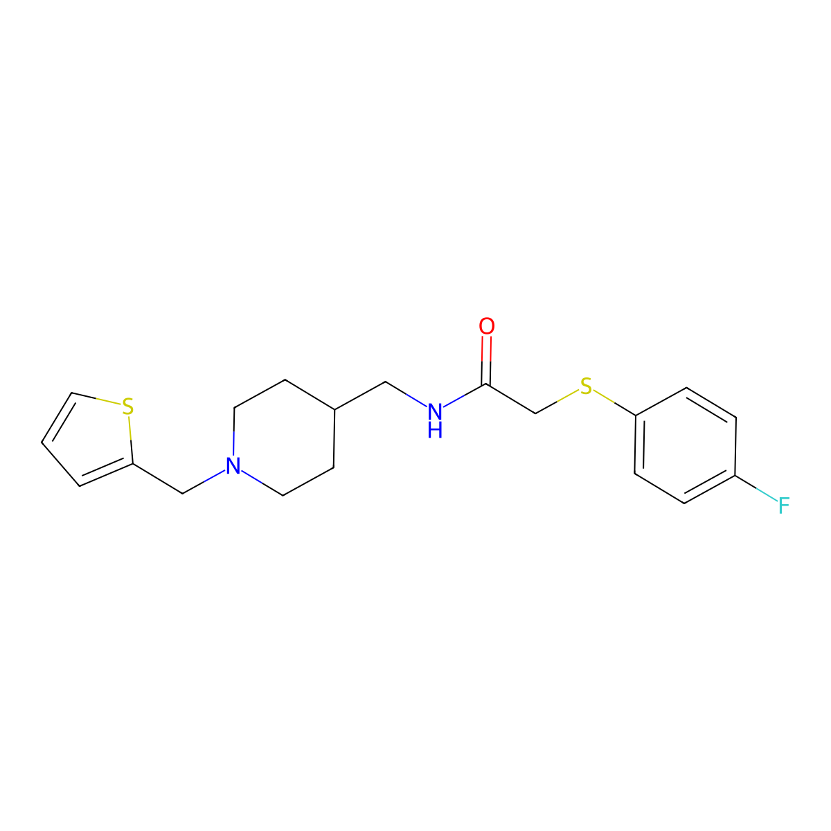 2-((4-fluorophenyl)thio)-N-((1-(thiophen-2-ylmethyl)piperidin-4-yl)methyl)acetamide molecular structure, CAS 1208623-74-8