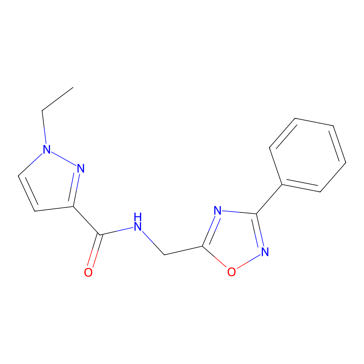 1-ethyl-N-((3-phenyl-1,2,4-oxadiazol-5-yl)methyl)-1H-pyrazole-3-carboxamide molecular structure, CAS 1208625-45-9