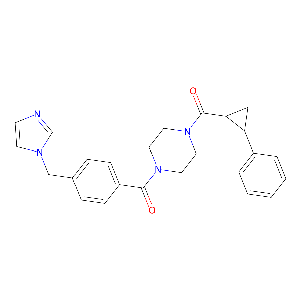 (4-(4-((1H-imidazol-1-yl)methyl)benzoyl)piperazin-1-yl)(2-phenylcyclopropyl)methanone molecular structure, CAS 1208625-91-5