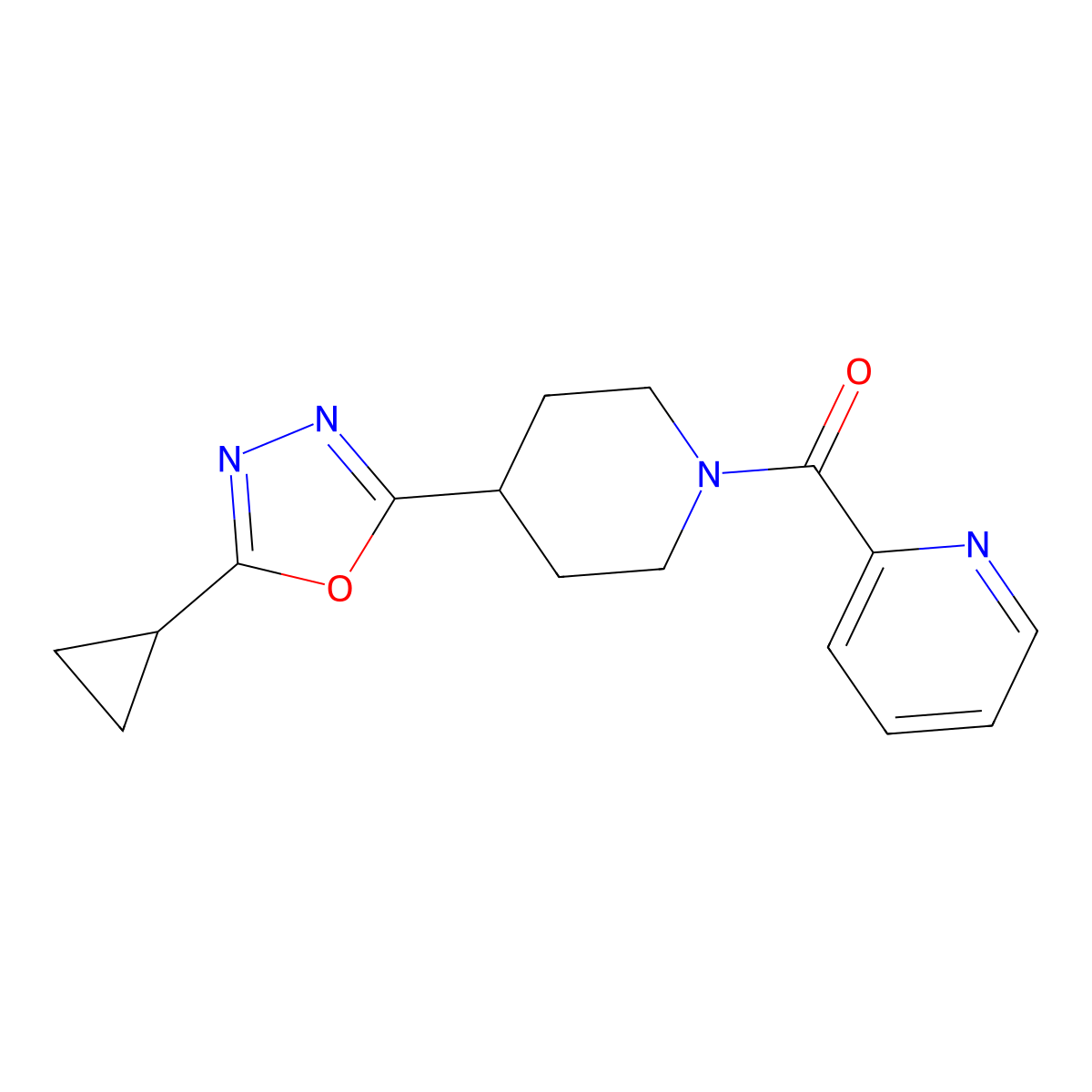 (4-(5-Cyclopropyl-1,3,4-oxadiazol-2-yl)piperidin-1-yl)(pyridin-2-yl)methanone molecular structure, CAS 1208634-11-0