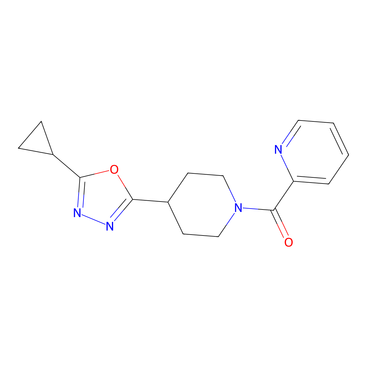 (4-(5-Cyclopropyl-1,3,4-oxadiazol-2-yl)piperidin-1-yl)(pyridin-2-yl)methanone molecular structure, CAS 1208634-11-0