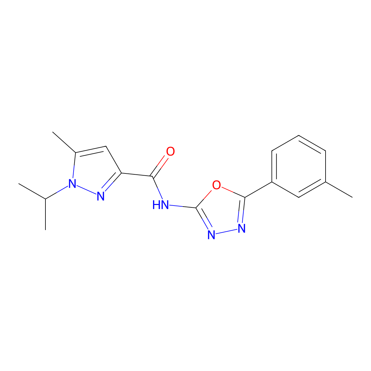 1-isopropyl-5-methyl-N-(5-(m-tolyl)-1,3,4-oxadiazol-2-yl)-1H-pyrazole-3-carboxamide molecular structure, CAS 1208635-75-9