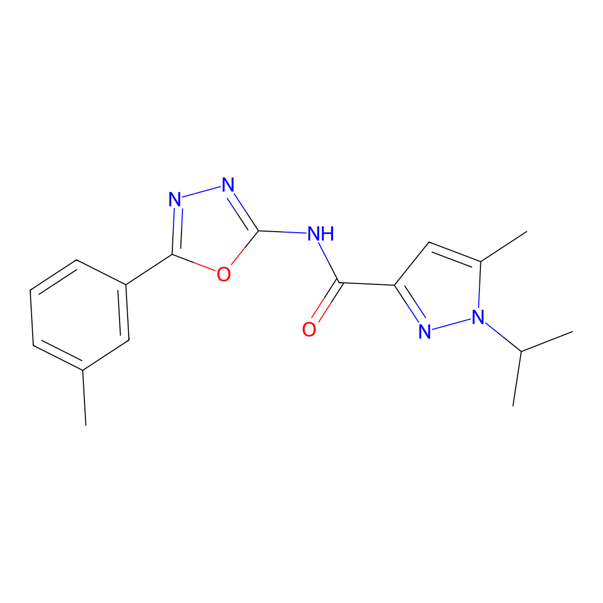 1-isopropyl-5-methyl-N-(5-(m-tolyl)-1,3,4-oxadiazol-2-yl)-1H-pyrazole-3-carboxamide molecular structure, CAS 1208635-75-9