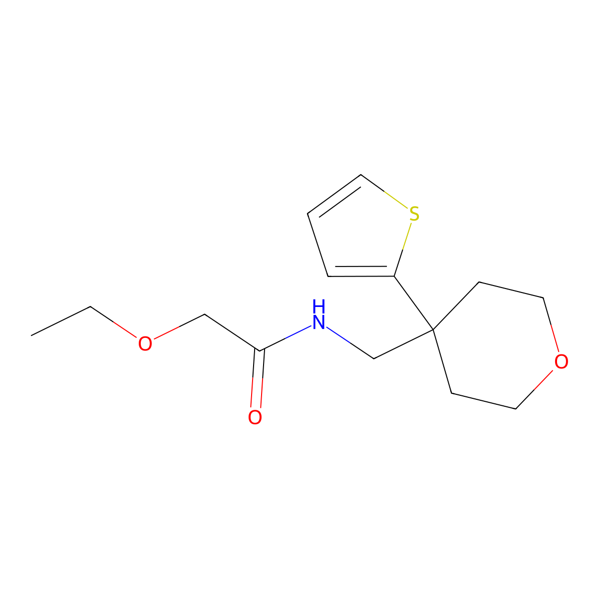 2-ethoxy-N-((4-(thiophen-2-yl)tetrahydro-2H-pyran-4-yl)methyl)acetamide molecular structure, CAS 1208636-30-9