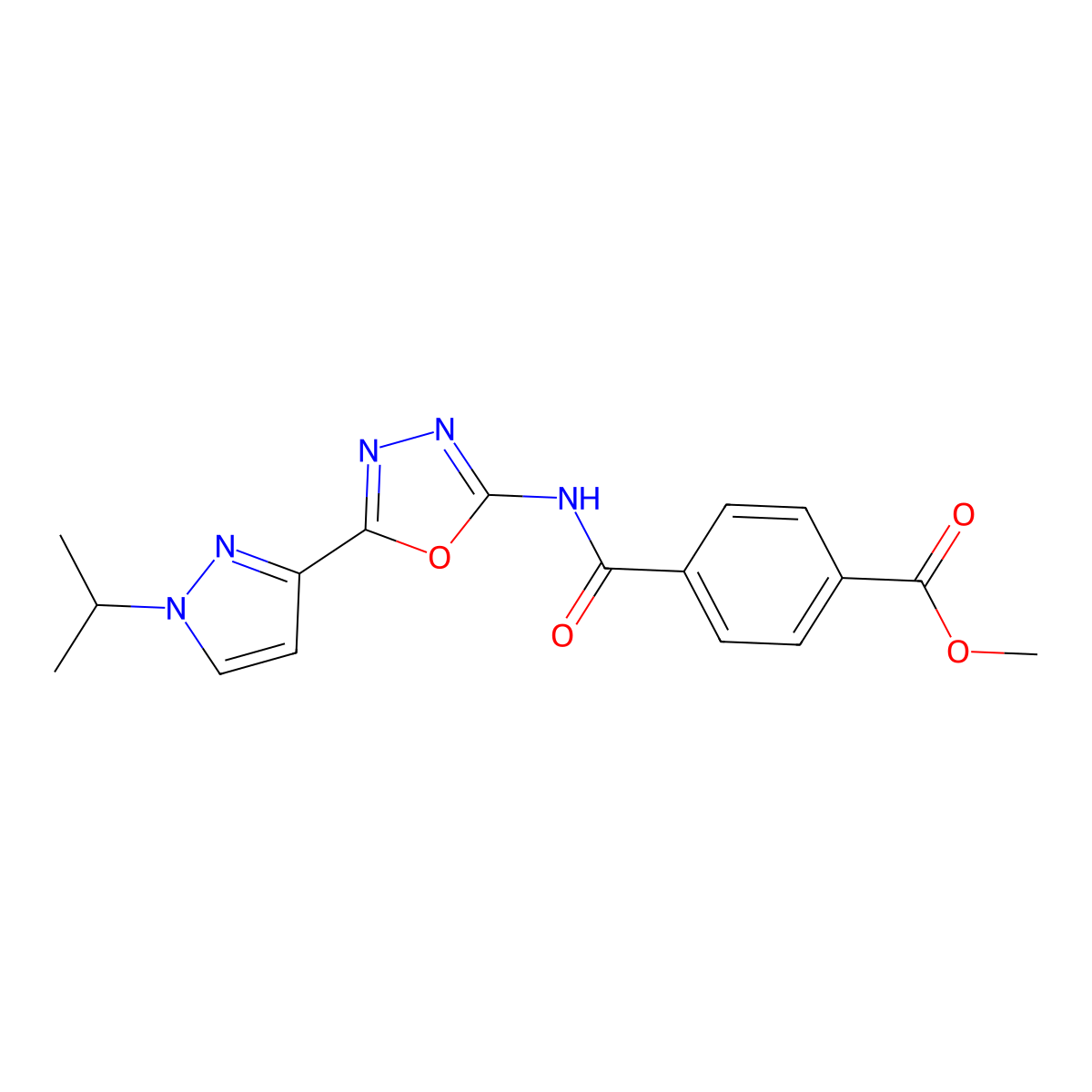 methyl 4-((5-(1-isopropyl-1H-pyrazol-3-yl)-1,3,4-oxadiazol-2-yl)carbamoyl)benzoate molecular structure, CAS 1208638-14-5