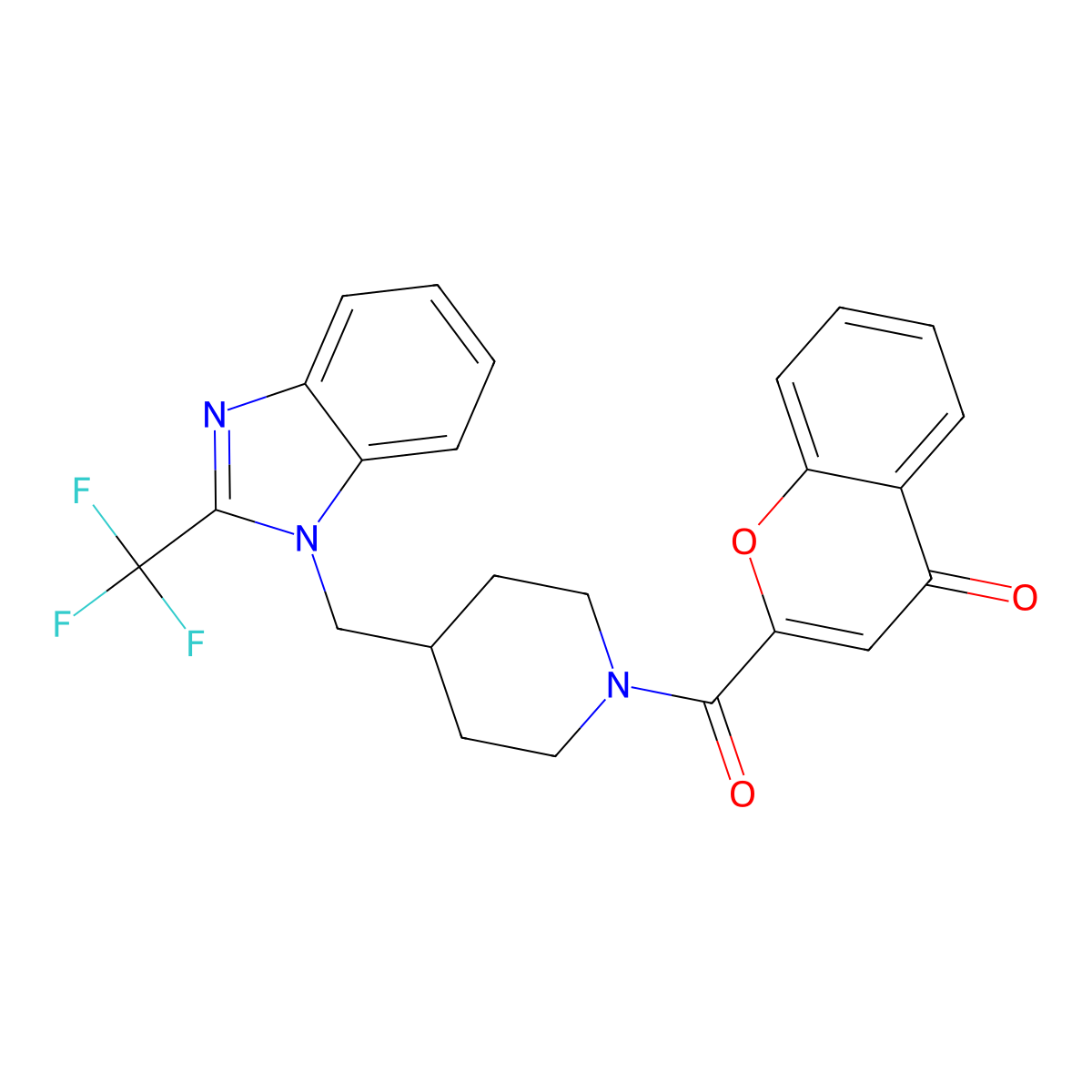 2-(4-((2-(trifluoromethyl)-1H-benzo[d]imidazol-1-yl)methyl)piperidine-1-carbonyl)-4H-chromen-4-one molecular structure, CAS 1208639-50-2