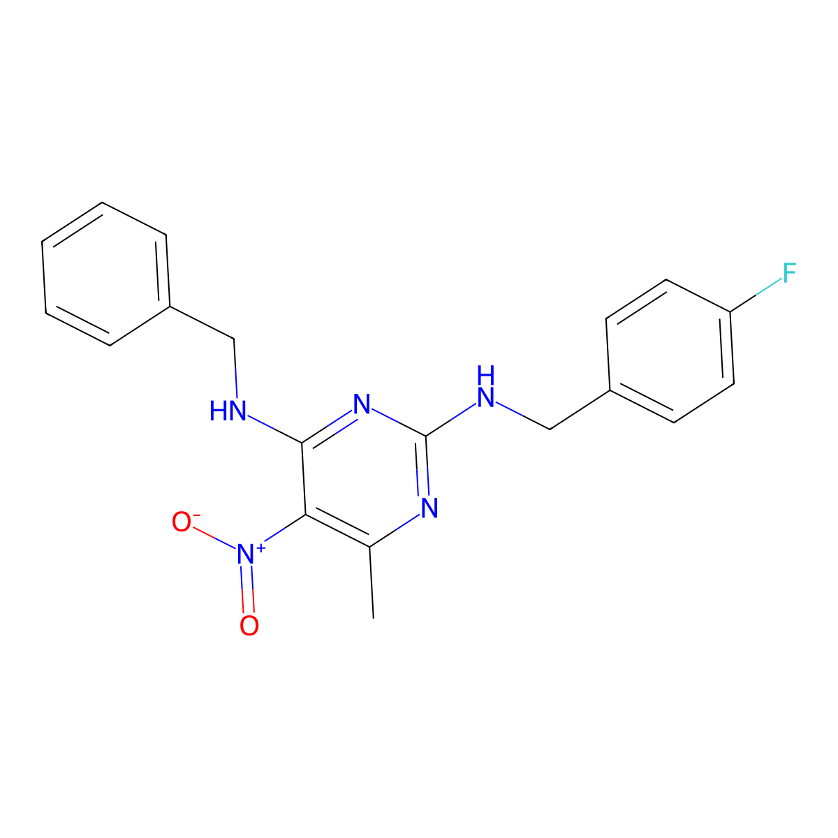 N4-benzyl-N2-(4-fluorobenzyl)-6-methyl-5-nitropyrimidine-2,4-diamine molecular structure, CAS 1208653-21-7