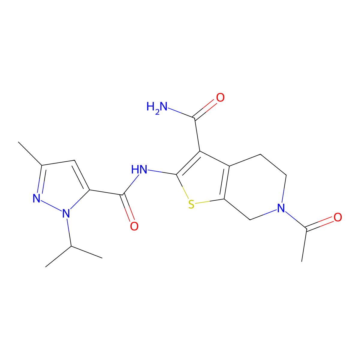N-{6-acetyl-3-carbamoyl-4H,5H,6H,7H-thieno[2,3-c]pyridin-2-yl}-3-methyl-1-(propan-2-yl)-1H-pyrazole-5-carboxamide molecular structure, CAS 1208657-29-7