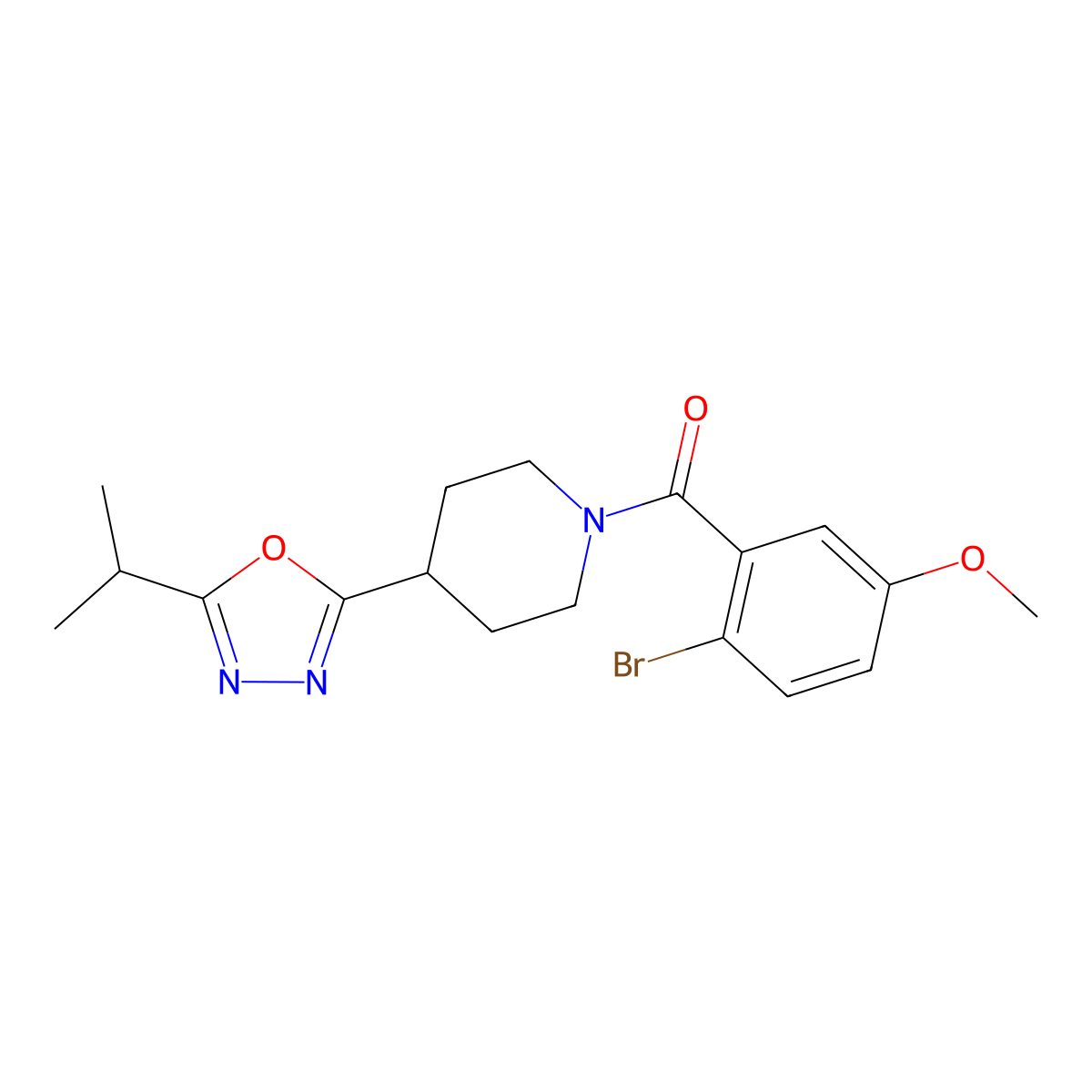(2-Bromo-5-methoxyphenyl)(4-(5-isopropyl-1,3,4-oxadiazol-2-yl)piperidin-1-yl)methanone molecular structure, CAS 1208661-08-8