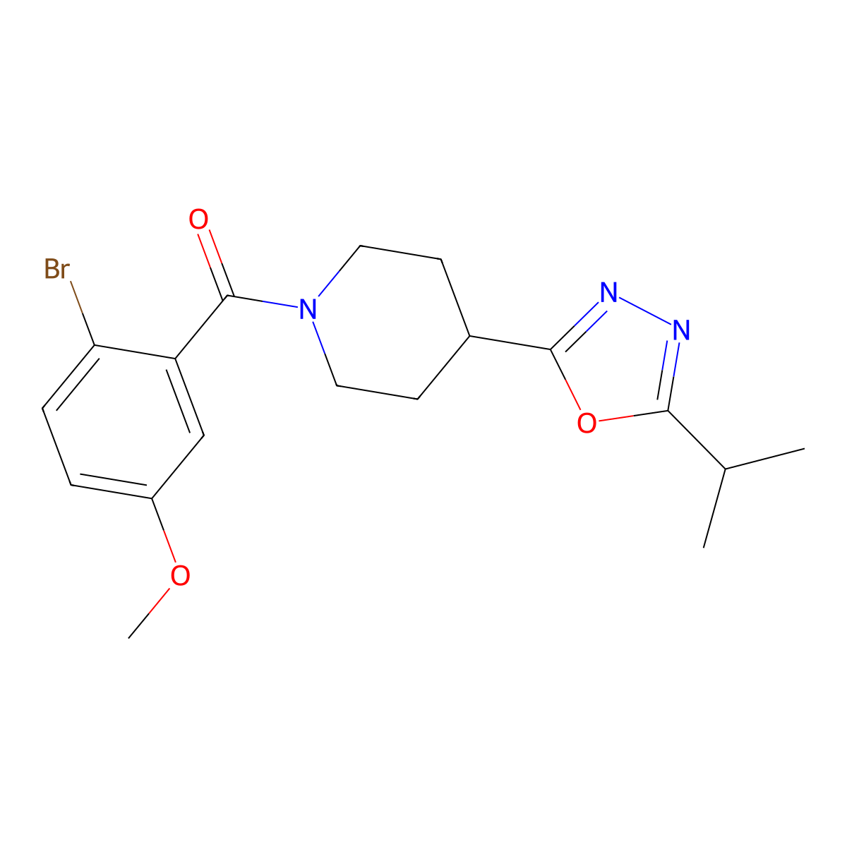 (2-Bromo-5-methoxyphenyl)(4-(5-isopropyl-1,3,4-oxadiazol-2-yl)piperidin-1-yl)methanone molecular structure, CAS 1208661-08-8
