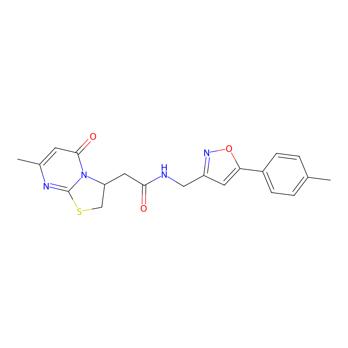 2-(7-methyl-5-oxo-3,5-dihydro-2H-thiazolo[3,2-a]pyrimidin-3-yl)-N-((5-(p-tolyl)isoxazol-3-yl)methyl)acetamide molecular structure, CAS 1208664-43-0