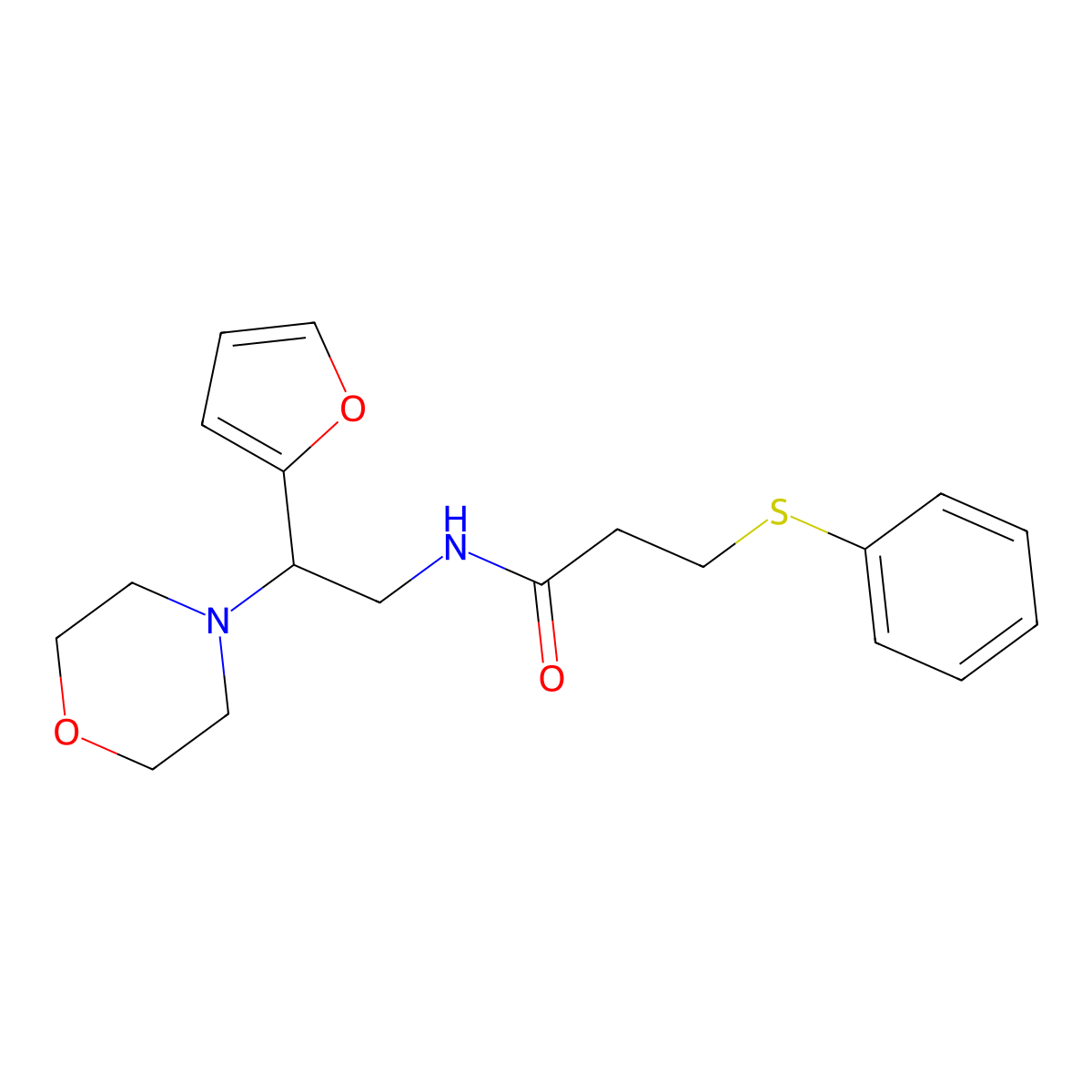 N-[2-(furan-2-yl)-2-(morpholin-4-yl)ethyl]-3-(phenylsulfanyl)propanamide molecular structure, CAS 1208665-49-9