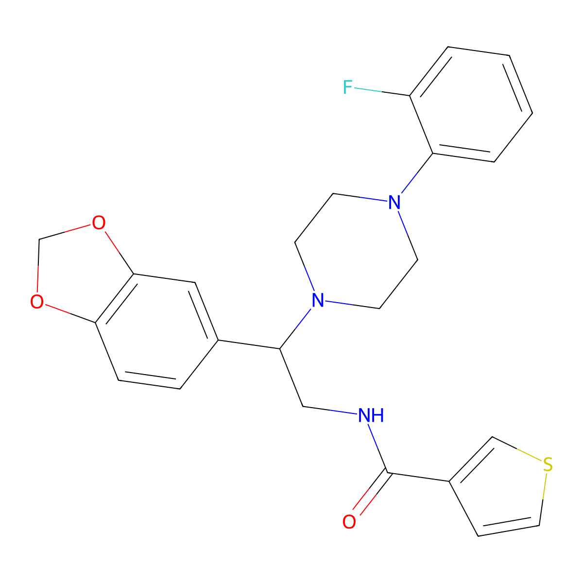 N-(2-(benzo[d][1,3]dioxol-5-yl)-2-(4-(2-fluorophenyl)piperazin-1-yl)ethyl)thiophene-3-carboxamide molecular structure, CAS 1208667-79-1