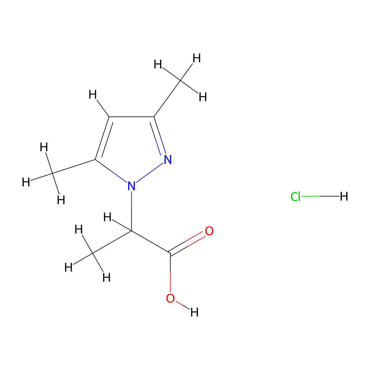 2-(3,5-dimethyl-1H-pyrazol-1-yl)propanoic acid hydrochloride molecular structure, CAS 1208676-00-9
