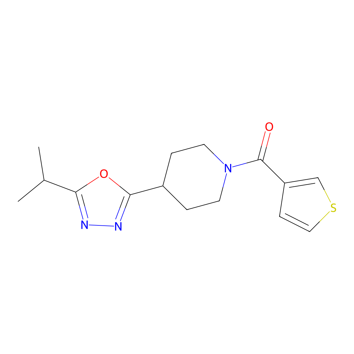 (4-(5-Isopropyl-1,3,4-oxadiazol-2-yl)piperidin-1-yl)(thiophen-3-yl)methanone molecular structure, CAS 1208679-08-6