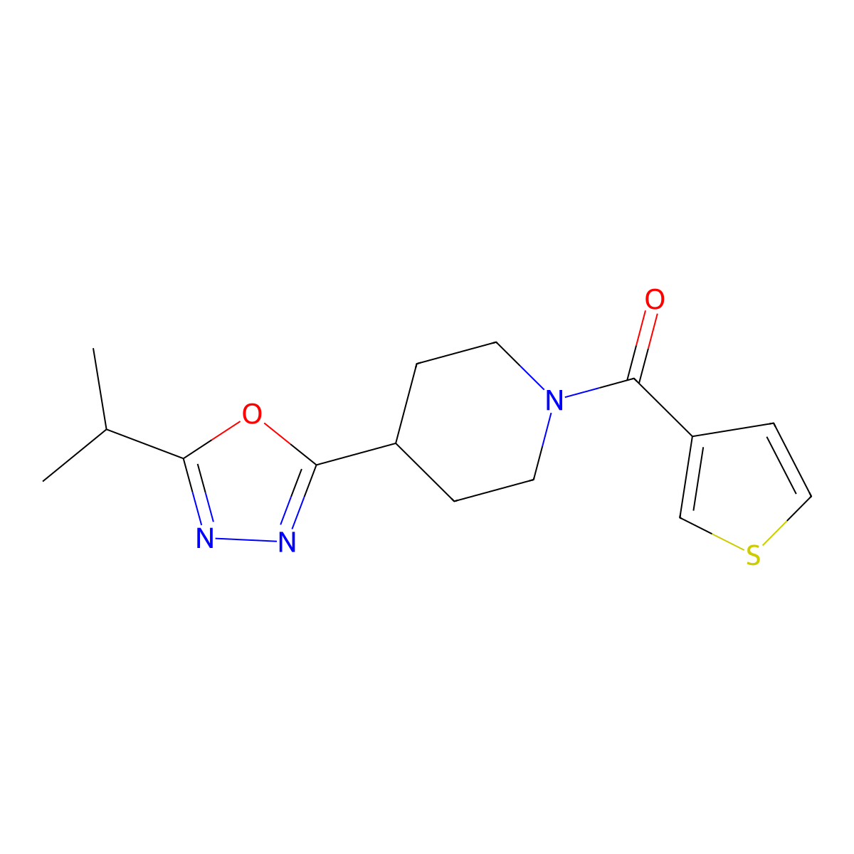 (4-(5-Isopropyl-1,3,4-oxadiazol-2-yl)piperidin-1-yl)(thiophen-3-yl)methanone molecular structure, CAS 1208679-08-6