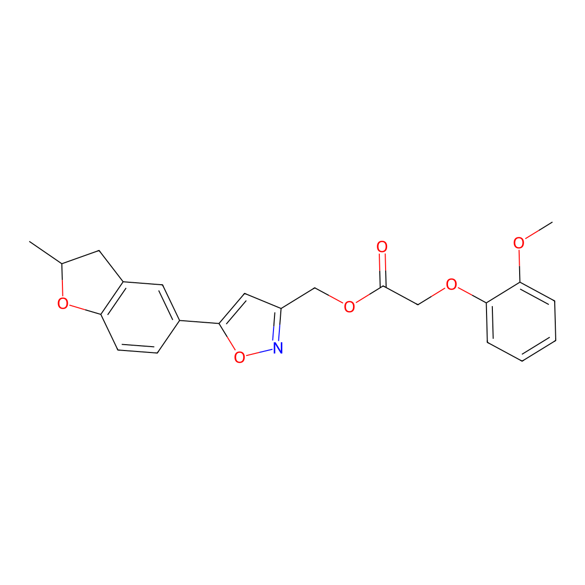 (5-(2-Methyl-2,3-dihydrobenzofuran-5-yl)isoxazol-3-yl)methyl 2-(2-methoxyphenoxy)acetate molecular structure, CAS 1208680-68-5